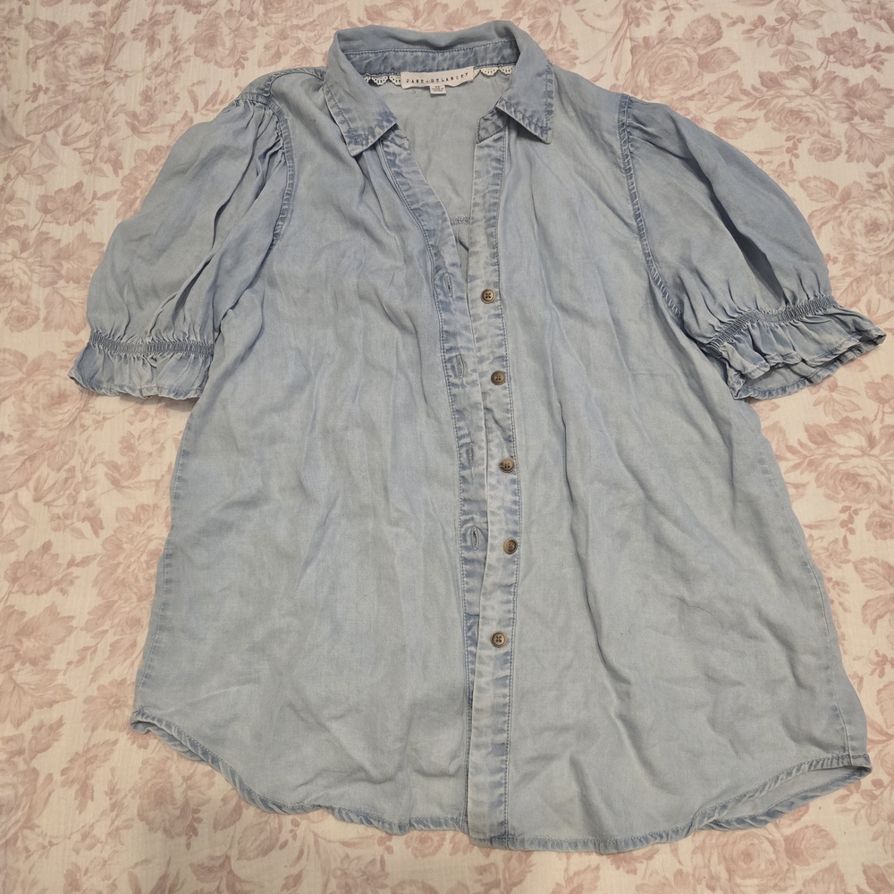 Jane & Delancey Light Wash Puff Sleeve Denim Button Down Shirt
